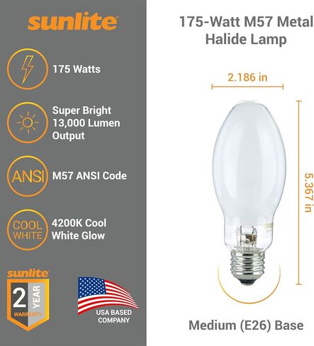 Sunlite 03645-SU MH100/U/MED M90 مصباح هاليد معدني، 100 واط، تشغيل نبضي، قاعدة متوسطة (E26)، ED17، عمر 12,000 ساعة، 9000 لومن، لمسة نهائية شفافة، 4000 كلفن in Saudi Arabia