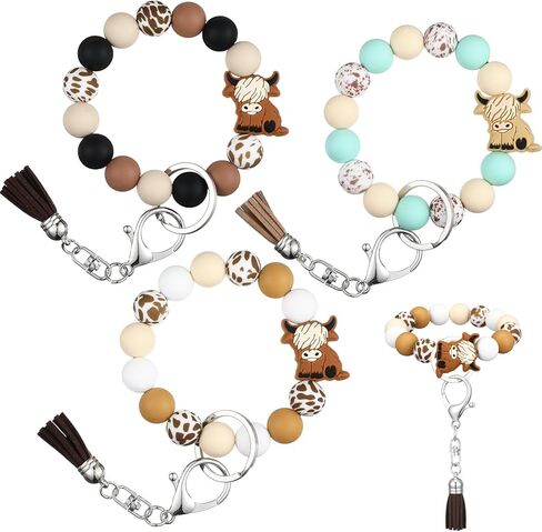 Sureio 3 Pcs Highland Cow Keychain Gift for Women Silicone Bracelet Keychain Bulk Western Wristlet for Car Keys with Leather Tassel in Saudi Arabia