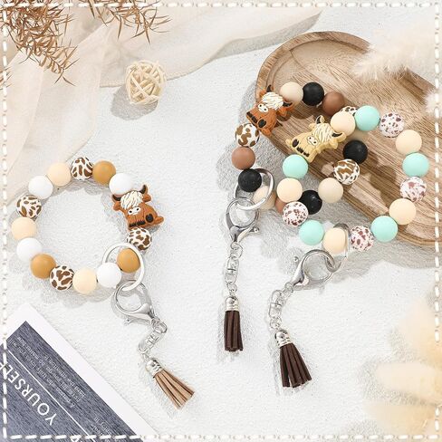 Sureio 3 Pcs Highland Cow Keychain Gift for Women Silicone Bracelet Keychain Bulk Western Wristlet for Car Keys with Leather Tassel in Saudi Arabia
