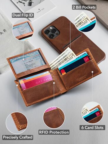 Crazy Horse Mens Leather Wallet Bifold with Flip ID-RFID Blocking Slim Leather Wallets for Men-Cielo Series-Gift for Him-Dad Gifts in Saudi Arabia