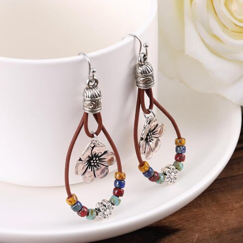 Boho Flower Earrings, Vintage Dangle Drop Handmade Nature Stone Earrings Bohemian Vintage Floral Dangle Drop Dangling Country Concert Outfits Accessories for Women Gift in Saudi Arabia