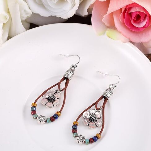 Boho Flower Earrings, Vintage Dangle Drop Handmade Nature Stone Earrings Bohemian Vintage Floral Dangle Drop Dangling Country Concert Outfits Accessories for Women Gift in Saudi Arabia