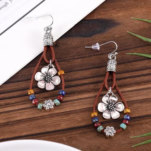 Boho Flower Earrings, Vintage Dangle Drop Handmade Nature Stone Earrings Bohemian Vintage Floral Dangle Drop Dangling Country Concert Outfits Accessories for Women Gift in Saudi Arabia