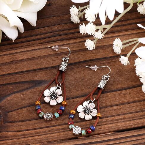 Boho Flower Earrings, Vintage Dangle Drop Handmade Nature Stone Earrings Bohemian Vintage Floral Dangle Drop Dangling Country Concert Outfits Accessories for Women Gift in Saudi Arabia