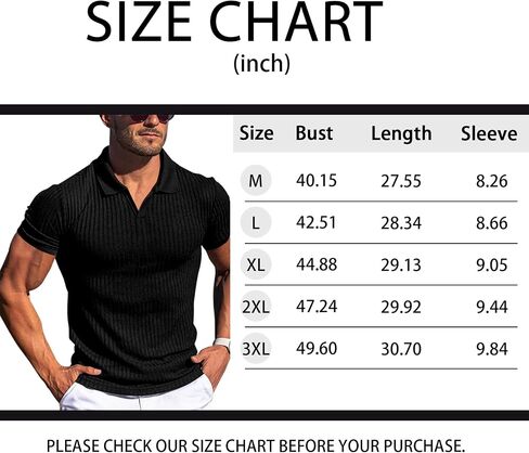 Men's Muscle Polo Shirts V Neck Short Sleeve Slim Fit Ribbed Golf Workout Shirt in Saudi Arabia