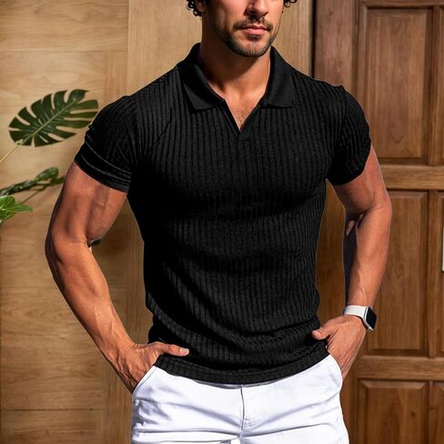Men's Muscle Polo Shirts V Neck Short Sleeve Slim Fit Ribbed Golf Workout Shirt in Saudi Arabia