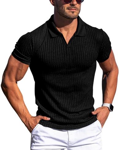 Men's Muscle Polo Shirts V Neck Short Sleeve Slim Fit Ribbed Golf Workout Shirt in Saudi Arabia