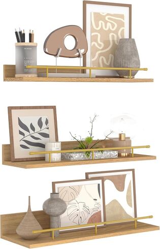 EYMPEU Floating Shelves Set of 3, Natural Oak Wood Wall Decor Shelf with Gold Guardrail, Wall Mounted Hanging Shelves for Bathroom, Kitchen, Bedroom, Living Room, Plant, Picture Frames in Kuwait