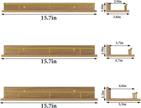 EYMPEU Floating Shelves Set of 3, Natural Oak Wood Wall Decor Shelf with Gold Guardrail, Wall Mounted Hanging Shelves for Bathroom, Kitchen, Bedroom, Living Room, Plant, Picture Frames in Kuwait