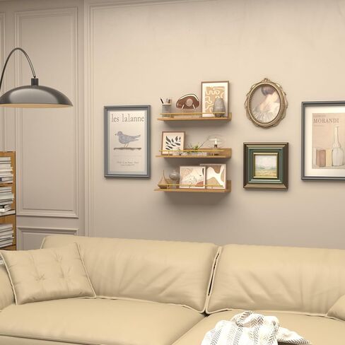 EYMPEU Floating Shelves Set of 3, Natural Oak Wood Wall Decor Shelf with Gold Guardrail, Wall Mounted Hanging Shelves for Bathroom, Kitchen, Bedroom, Living Room, Plant, Picture Frames in Kuwait