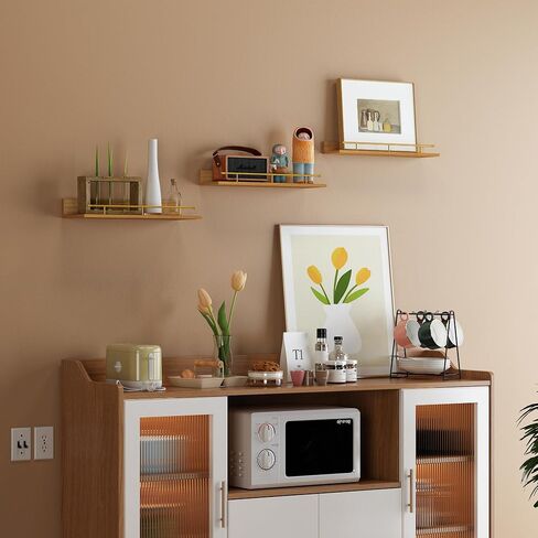 EYMPEU Floating Shelves Set of 3, Natural Oak Wood Wall Decor Shelf with Gold Guardrail, Wall Mounted Hanging Shelves for Bathroom, Kitchen, Bedroom, Living Room, Plant, Picture Frames in Kuwait