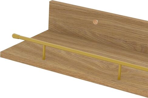 EYMPEU Floating Shelves Set of 3, Natural Oak Wood Wall Decor Shelf with Gold Guardrail, Wall Mounted Hanging Shelves for Bathroom, Kitchen, Bedroom, Living Room, Plant, Picture Frames in Kuwait
