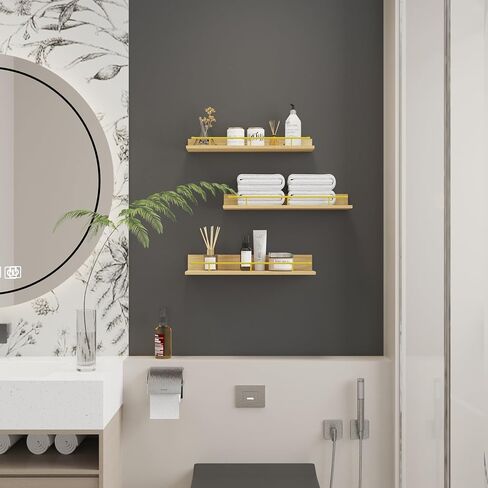 EYMPEU Floating Shelves Set of 3, Natural Oak Wood Wall Decor Shelf with Gold Guardrail, Wall Mounted Hanging Shelves for Bathroom, Kitchen, Bedroom, Living Room, Plant, Picture Frames in Kuwait