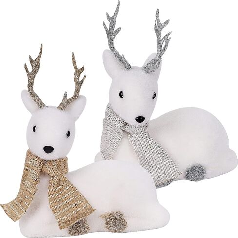 Lulu Home Christmas Tabletop Ornaments, Set of 2 Flocking White Lying Reindeer Figurines with Glittered Antler and Feet, Xmas Holiday Winter Mantle Shelf Centerpieces Decoration, Golden & Silver in Kuwait