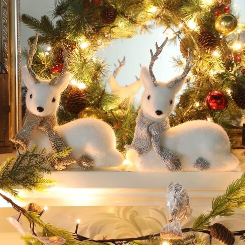 Lulu Home Christmas Tabletop Ornaments, Set of 2 Flocking White Lying Reindeer Figurines with Glittered Antler and Feet, Xmas Holiday Winter Mantle Shelf Centerpieces Decoration, Golden & Silver in Kuwait