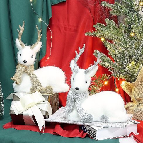 Lulu Home Christmas Tabletop Ornaments, Set of 2 Flocking White Lying Reindeer Figurines with Glittered Antler and Feet, Xmas Holiday Winter Mantle Shelf Centerpieces Decoration, Golden & Silver in Kuwait