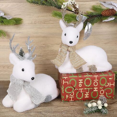 Lulu Home Christmas Tabletop Ornaments, Set of 2 Flocking White Lying Reindeer Figurines with Glittered Antler and Feet, Xmas Holiday Winter Mantle Shelf Centerpieces Decoration, Golden & Silver in Kuwait