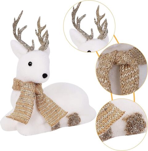 Lulu Home Christmas Tabletop Ornaments, Set of 2 Flocking White Lying Reindeer Figurines with Glittered Antler and Feet, Xmas Holiday Winter Mantle Shelf Centerpieces Decoration, Golden & Silver in Kuwait