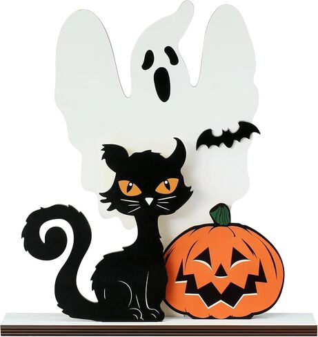 Halloween Table Decor, Wooden Black Cat Ghost Pumpkin Decorations Indoor Cute Halloween Gifts, Halloween Room Decor for Tables Mantel Bedroom Office in Saudi Arabia