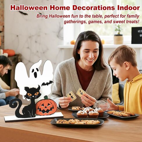 Halloween Table Decor, Wooden Black Cat Ghost Pumpkin Decorations Indoor Cute Halloween Gifts, Halloween Room Decor for Tables Mantel Bedroom Office in Saudi Arabia