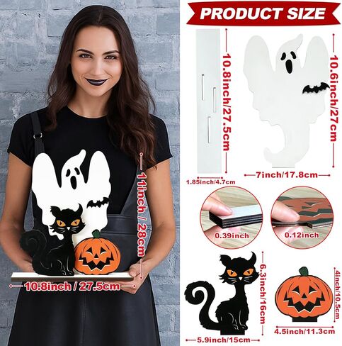 Halloween Table Decor, Wooden Black Cat Ghost Pumpkin Decorations Indoor Cute Halloween Gifts, Halloween Room Decor for Tables Mantel Bedroom Office in Saudi Arabia