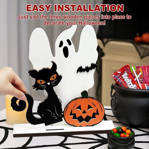 Halloween Table Decor, Wooden Black Cat Ghost Pumpkin Decorations Indoor Cute Halloween Gifts, Halloween Room Decor for Tables Mantel Bedroom Office in Saudi Arabia