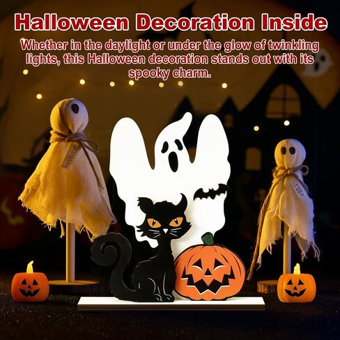 Halloween Table Decor, Wooden Black Cat Ghost Pumpkin Decorations Indoor Cute Halloween Gifts, Halloween Room Decor for Tables Mantel Bedroom Office in Saudi Arabia