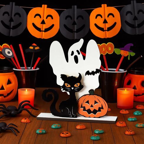Halloween Table Decor, Wooden Black Cat Ghost Pumpkin Decorations Indoor Cute Halloween Gifts, Halloween Room Decor for Tables Mantel Bedroom Office in Saudi Arabia