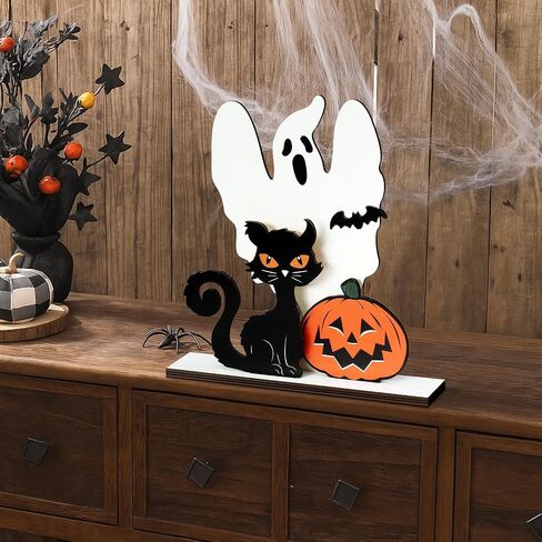 Halloween Table Decor, Wooden Black Cat Ghost Pumpkin Decorations Indoor Cute Halloween Gifts, Halloween Room Decor for Tables Mantel Bedroom Office in Saudi Arabia