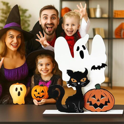 Halloween Table Decor, Wooden Black Cat Ghost Pumpkin Decorations Indoor Cute Halloween Gifts, Halloween Room Decor for Tables Mantel Bedroom Office in Saudi Arabia