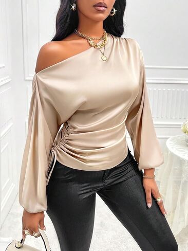 Floerns Women's Elegant Satin Off Shoulder Lantern Long Sleeve Blouses Drawstring Side Asymmetrical Neck Casual Fall Blouse in Saudi Arabia