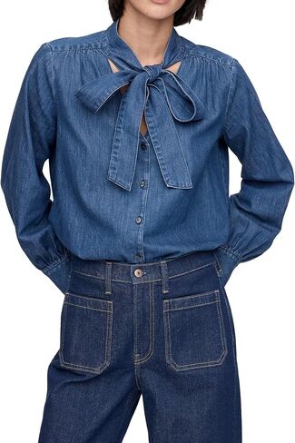 SUNNOW Women's Denim Tie Neck Shirt Button Up Long Sleeve Blouse Casual Tops with Ruffle Details on Shoulders in Saudi Arabia