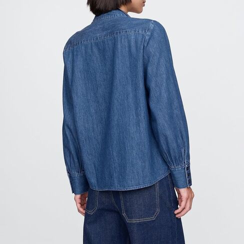 SUNNOW Women's Denim Tie Neck Shirt Button Up Long Sleeve Blouse Casual Tops with Ruffle Details on Shoulders in Saudi Arabia