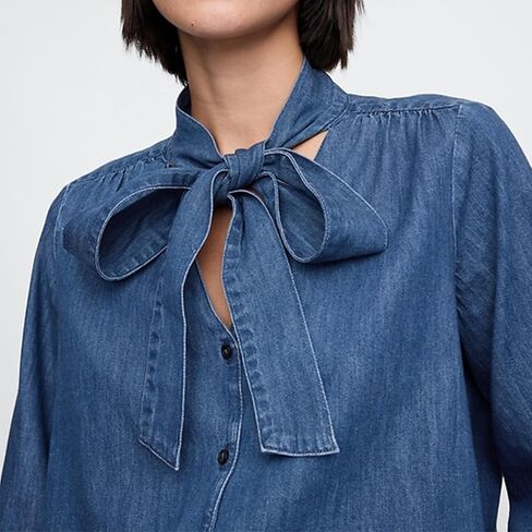 SUNNOW Women's Denim Tie Neck Shirt Button Up Long Sleeve Blouse Casual Tops with Ruffle Details on Shoulders in Saudi Arabia