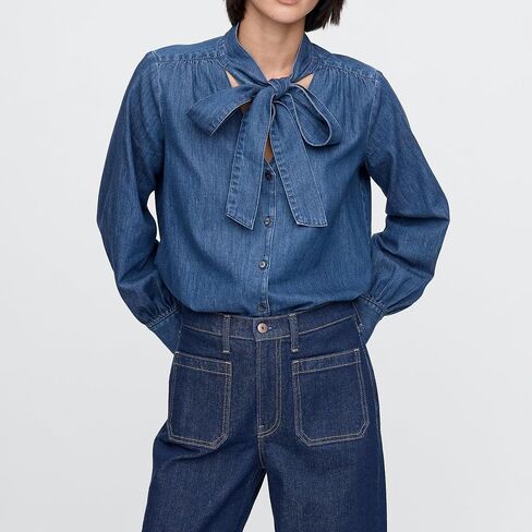SUNNOW Women's Denim Tie Neck Shirt Button Up Long Sleeve Blouse Casual Tops with Ruffle Details on Shoulders in Saudi Arabia
