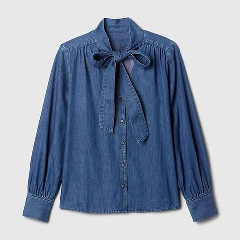 SUNNOW Women's Denim Tie Neck Shirt Button Up Long Sleeve Blouse Casual Tops with Ruffle Details on Shoulders in Saudi Arabia