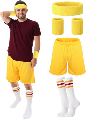 Mepase 5 Pcs Halloween Men's Sport Costume Adult Yellow Shorts White with Various Colored Stripes Knee High Socks and 2 Wristbands and 1 Headband for Character Costume Party in Saudi Arabia