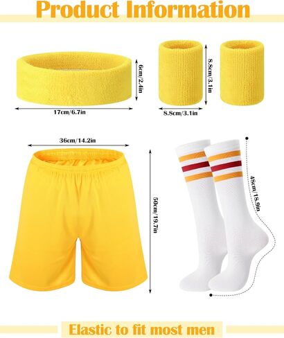 Mepase 5 Pcs Halloween Men's Sport Costume Adult Yellow Shorts White with Various Colored Stripes Knee High Socks and 2 Wristbands and 1 Headband for Character Costume Party in Saudi Arabia