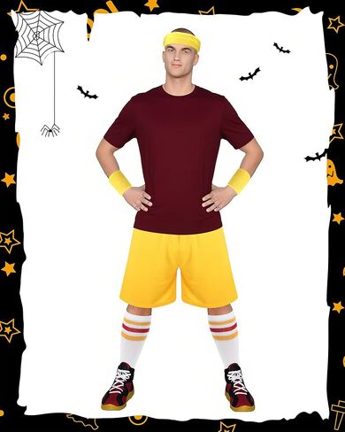 Mepase 5 Pcs Halloween Men's Sport Costume Adult Yellow Shorts White with Various Colored Stripes Knee High Socks and 2 Wristbands and 1 Headband for Character Costume Party in Saudi Arabia