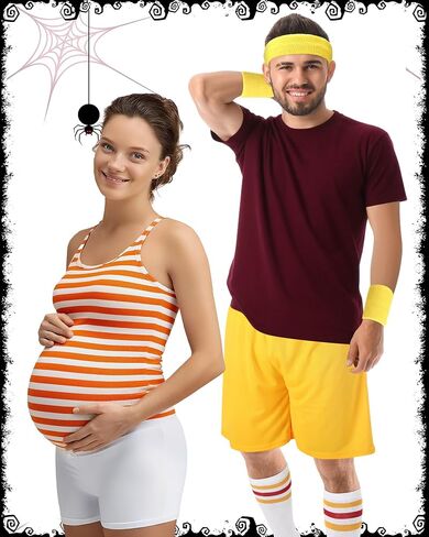 Mepase 5 Pcs Halloween Men's Sport Costume Adult Yellow Shorts White with Various Colored Stripes Knee High Socks and 2 Wristbands and 1 Headband for Character Costume Party in Saudi Arabia