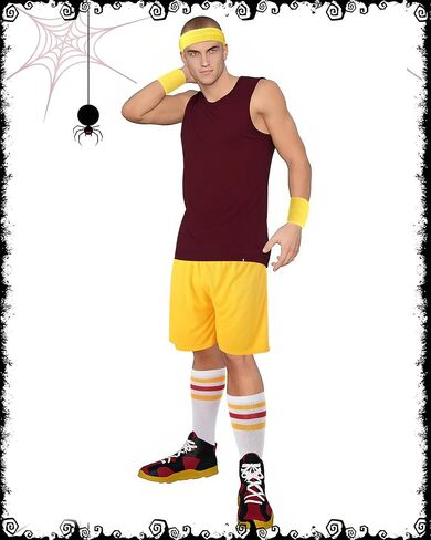 Mepase 5 Pcs Halloween Men's Sport Costume Adult Yellow Shorts White with Various Colored Stripes Knee High Socks and 2 Wristbands and 1 Headband for Character Costume Party in Saudi Arabia