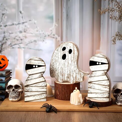 3 Pieces Halloween Mummy Decor Wooden Mummy Signs Wood Ghost Decor White Ghost Table Centerpieces Farmhouse Rustic Tiered Tray Decoration for Home Office Halloween Party Decoration in Saudi Arabia