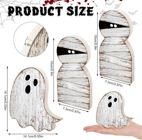 3 Pieces Halloween Mummy Decor Wooden Mummy Signs Wood Ghost Decor White Ghost Table Centerpieces Farmhouse Rustic Tiered Tray Decoration for Home Office Halloween Party Decoration in Saudi Arabia