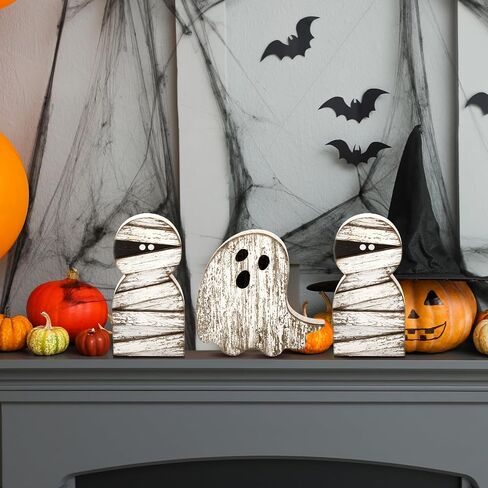 3 Pieces Halloween Mummy Decor Wooden Mummy Signs Wood Ghost Decor White Ghost Table Centerpieces Farmhouse Rustic Tiered Tray Decoration for Home Office Halloween Party Decoration in Saudi Arabia