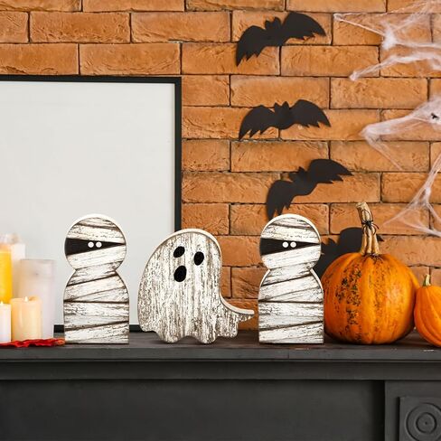 3 Pieces Halloween Mummy Decor Wooden Mummy Signs Wood Ghost Decor White Ghost Table Centerpieces Farmhouse Rustic Tiered Tray Decoration for Home Office Halloween Party Decoration in Saudi Arabia