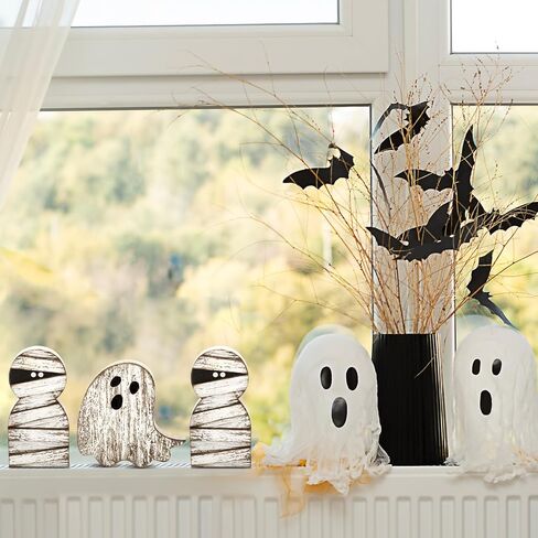 3 Pieces Halloween Mummy Decor Wooden Mummy Signs Wood Ghost Decor White Ghost Table Centerpieces Farmhouse Rustic Tiered Tray Decoration for Home Office Halloween Party Decoration in Saudi Arabia