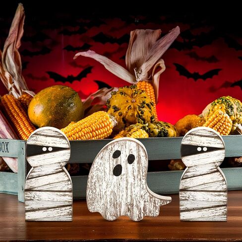 3 Pieces Halloween Mummy Decor Wooden Mummy Signs Wood Ghost Decor White Ghost Table Centerpieces Farmhouse Rustic Tiered Tray Decoration for Home Office Halloween Party Decoration in Saudi Arabia