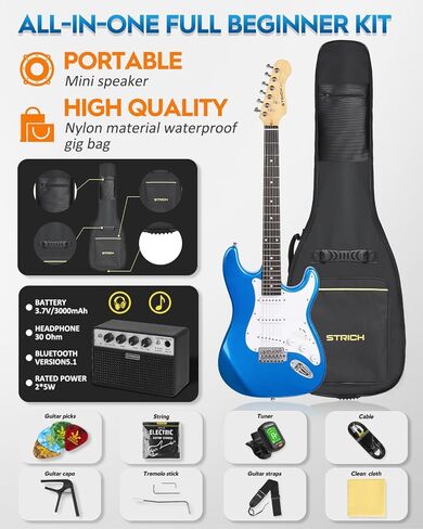 STRICH Electric Guitar Beginner Kit, Solid Body 39" Full Size Electric Guitar SSS Pick Up for Starter, with 10W Amp, Bag, Digital Tuner, Capo, Strap, String,Cable, Picks, SST-S10 Sapphire Blue in Kuwait