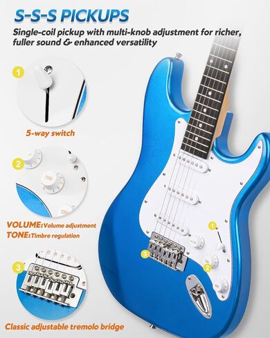 STRICH Electric Guitar Beginner Kit, Solid Body 39" Full Size Electric Guitar SSS Pick Up for Starter, with 10W Amp, Bag, Digital Tuner, Capo, Strap, String,Cable, Picks, SST-S10 Sapphire Blue in Kuwait