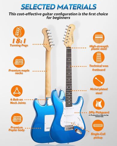 STRICH Electric Guitar Beginner Kit, Solid Body 39" Full Size Electric Guitar SSS Pick Up for Starter, with 10W Amp, Bag, Digital Tuner, Capo, Strap, String,Cable, Picks, SST-S10 Sapphire Blue in Kuwait